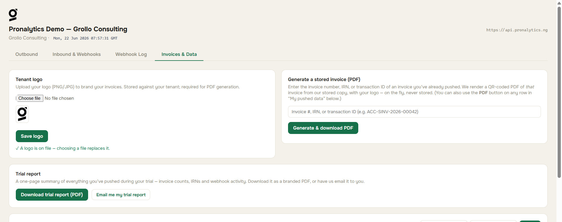 Invoices & Data tab: logo upload, branded PDF generation, and trial report