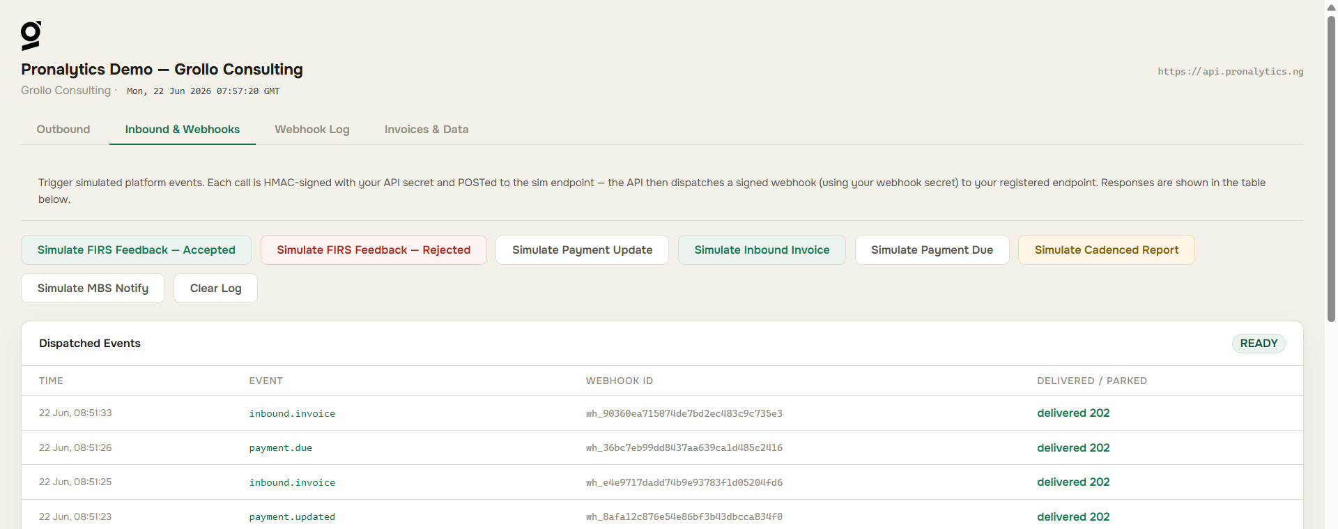 Inbound & Webhooks tab: one-click buttons to simulate each webhook event, with dispatched events delivered 202
